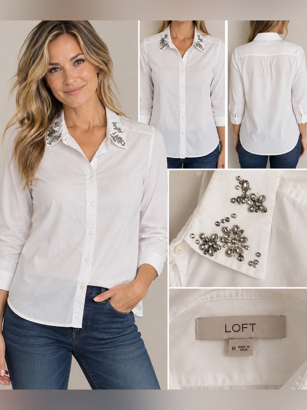 LOFT Women’s M White Button Down Shirt Embellished Collar